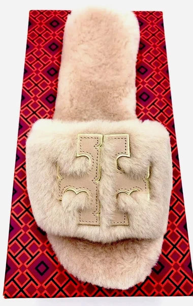 TORY BURCH SHEARLING SLIDE SANDAL SHELL PINK /GOLD TRIM DOUBLE LOGO SZ US 10 NIB