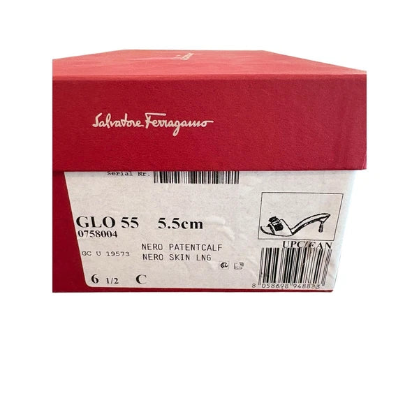 Salvatore Ferragamo Glo Sandals Kitten Heel Vara Bow Slide Patent Leather Sz 6.5