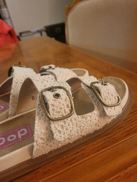 Ivory Macrame Style Slide Sandals By POP Sz 8.5. Exceptionally Clean!!