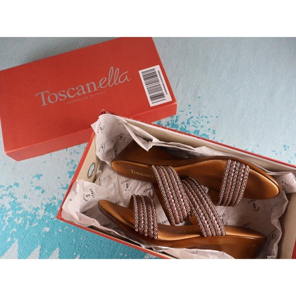 TOSCANELLA Wedge Sandals 8 Handmade in Italy Dark Brown Beaded Two Band  BOHO