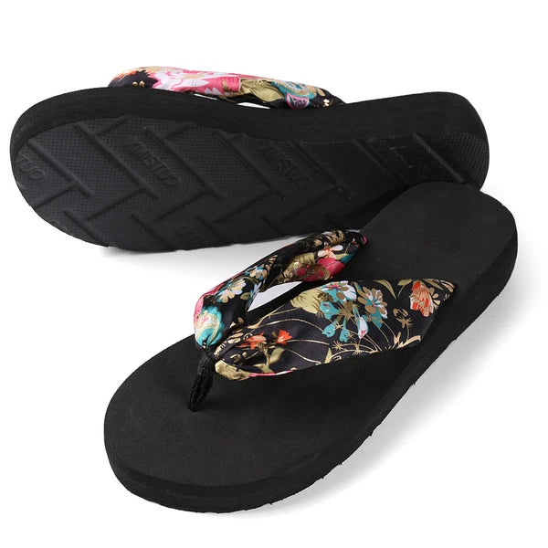 Women Fashion Floral Thong Flip Flops Summer Beach Anti Slip Black Sandals 7-8