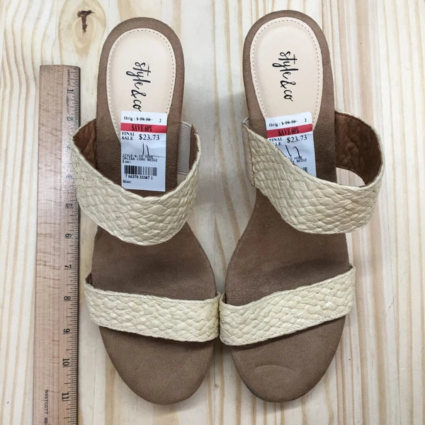 Style & Co. Sandals Womens 11 M Daliaa Wedge Slides Beige Faux Leather Cork NEW
