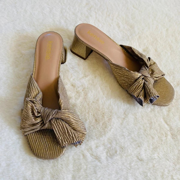 Kensie Urson Gold Foil Fabric Bow Block 2-inch Heeled Sandals Size 8 NEW Retro