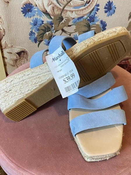 NEW Gaimo Baby Blue Suede Wedge Heels Slide On Strap Espadrille Sandals Sz 38