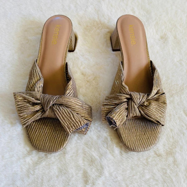 Kensie Urson Gold Foil Fabric Bow Block 2-inch Heeled Sandals Size 8 NEW Retro