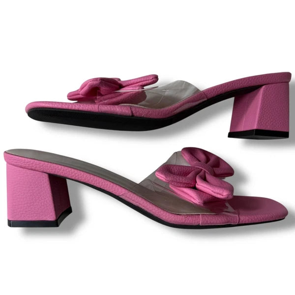 Pink Flower Sandals Slide Clear transparent Strap Block Heels Women's Sz 40/9