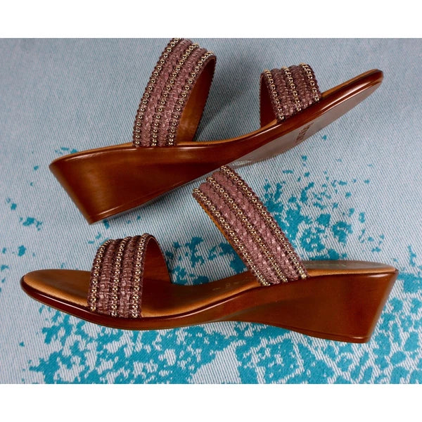 TOSCANELLA Wedge Sandals 8 Handmade in Italy Dark Brown Beaded Two Band  BOHO