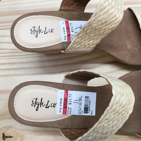 Style & Co. Sandals Womens 11 M Daliaa Wedge Slides Beige Faux Leather Cork NEW