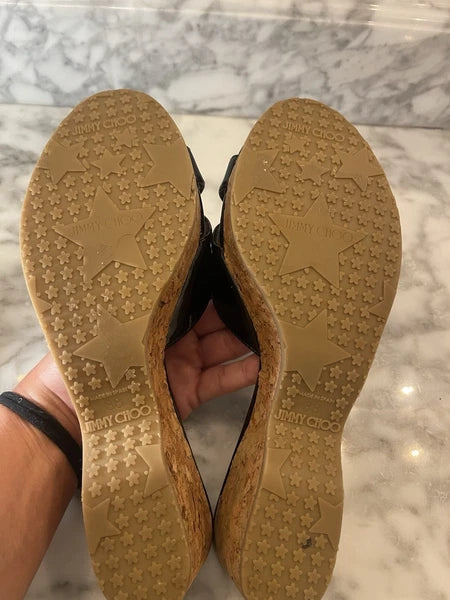 Jimmy Choo Black Patent Leather Pandra Sandal Cork Wedges, Gold Toe, Size 37/7