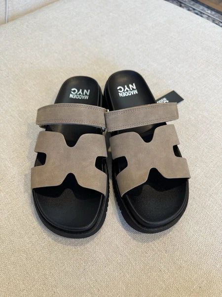 Steve Madden NYC H-style Footbed Sandal, Beige/Black, Sz 7, NWB