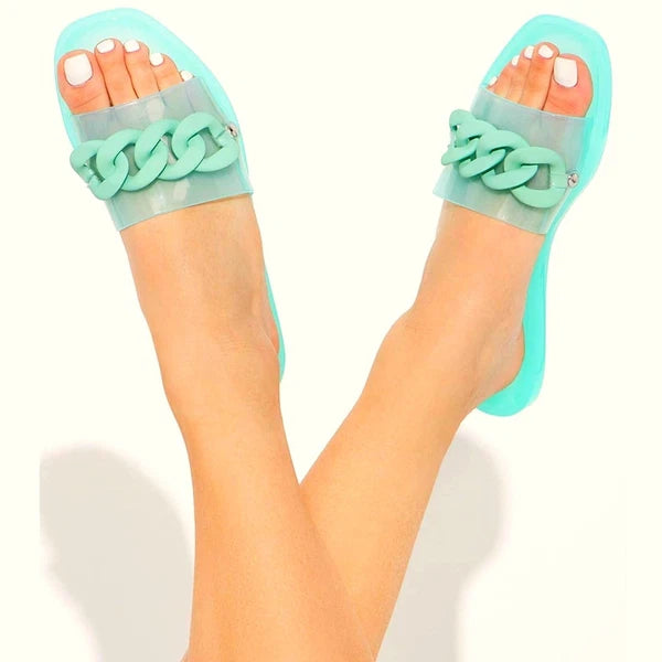 New 7 Fashion Nova Pastel Mint Green Jelly Cuban Link Matte Slide Sandals