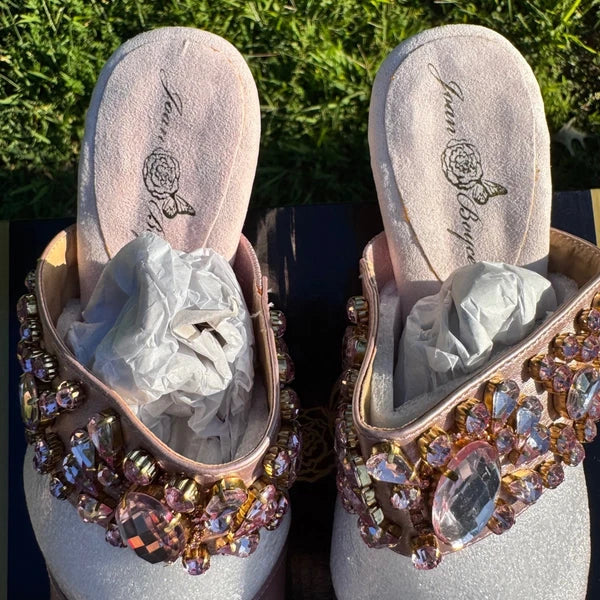 Joan Boyce Rosegold Jeweled Wedge Slides Size 7W Embellished Sandals New in Box