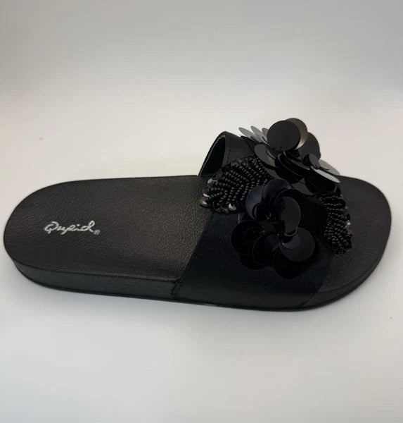 Qupid Women's Fashion Satin Black Flower Slides Sandals Flip Flops Sz 8 New!