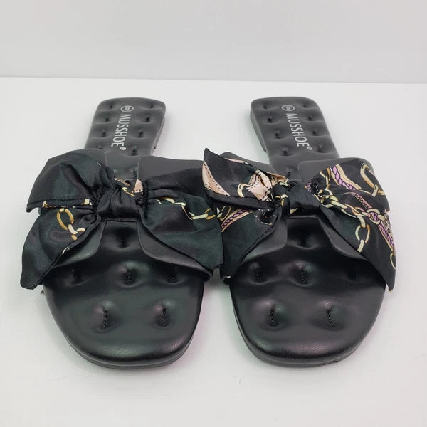 Musshoe Womens Size 9 Black Bow Slip On Formal Fashion Slide Flat Sandals