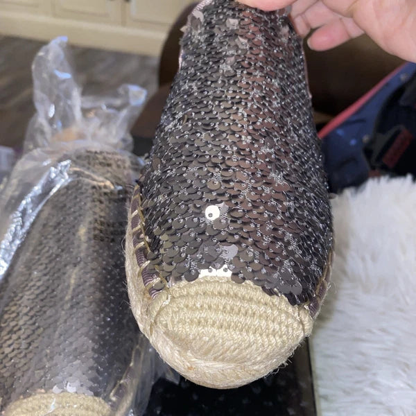 Sam Edelman Kerry Slip On Espadrille Slide Mule Flats Pewter Sequins Size 8 NIB