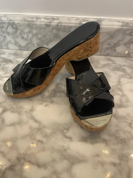 Jimmy Choo Black Patent Leather Pandra Sandal Cork Wedges, Gold Toe, Size 37/7