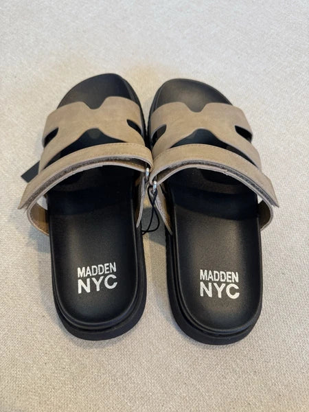 Steve Madden NYC H-style Footbed Sandal, Beige/Black, Sz 7, NWB