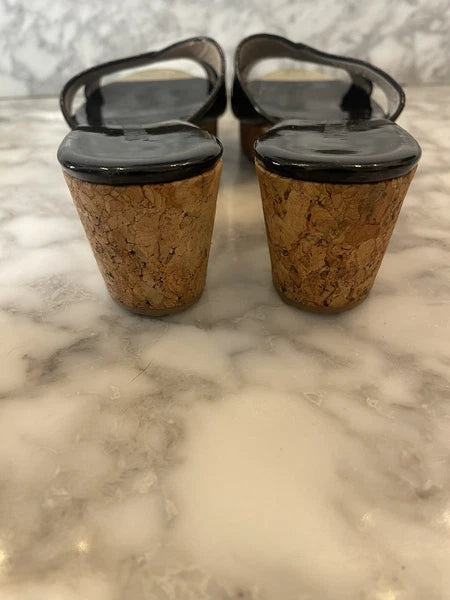 Jimmy Choo Black Patent Leather Pandra Sandal Cork Wedges, Gold Toe, Size 37/7