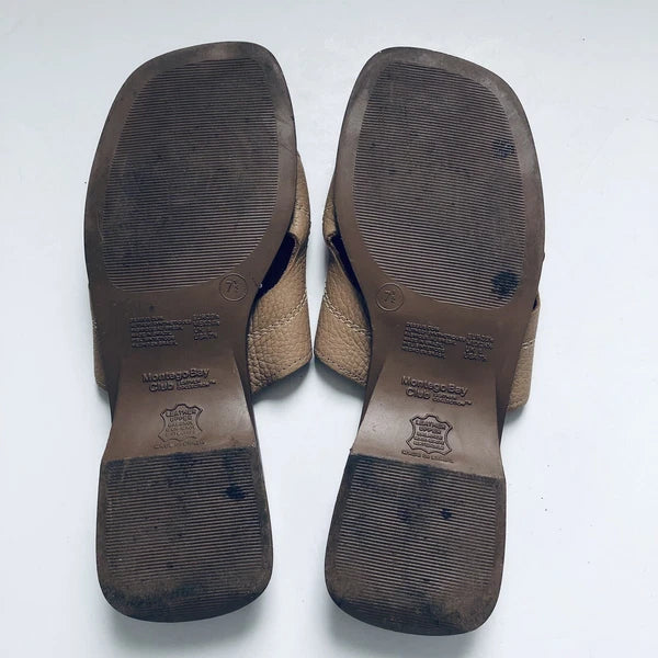 Montego Bay Club Leather Slide Sandals Tan Slip On Womens Size 7 1/2M
