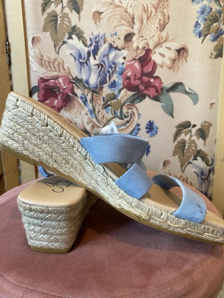 NEW Gaimo Baby Blue Suede Wedge Heels Slide On Strap Espadrille Sandals Sz 38