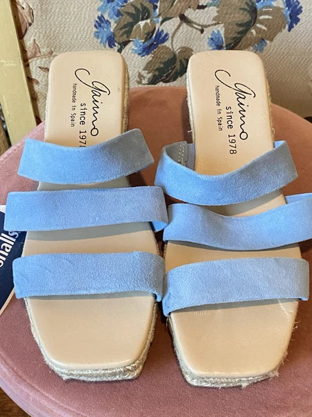 NEW Gaimo Baby Blue Suede Wedge Heels Slide On Strap Espadrille Sandals Sz 38