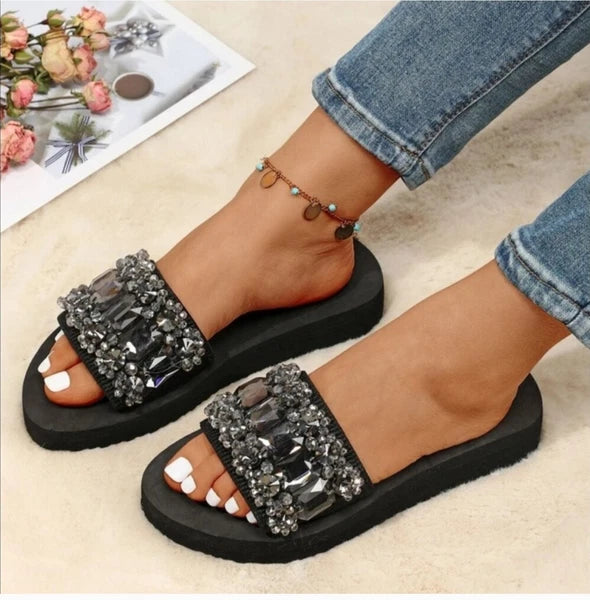 Rhinestone Size 8.5 EU 39 Decor Single Strap Slides, Black Fashionable Sandal