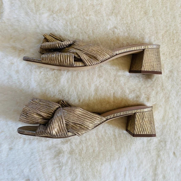 Kensie Urson Gold Foil Fabric Bow Block 2-inch Heeled Sandals Size 8 NEW Retro