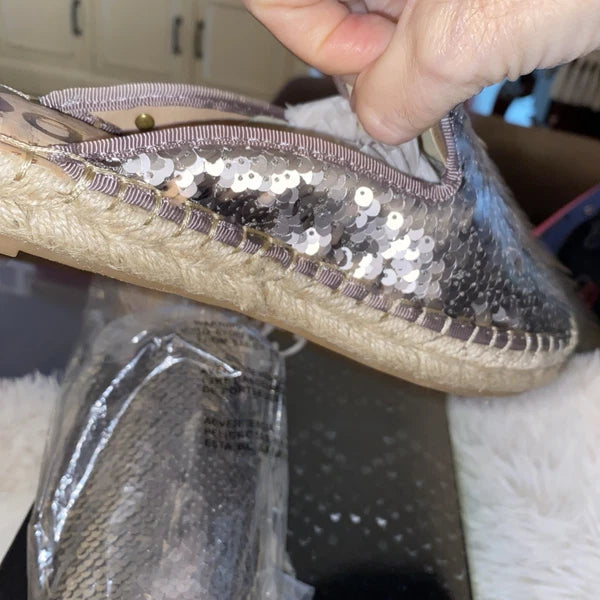 Sam Edelman Kerry Slip On Espadrille Slide Mule Flats Pewter Sequins Size 8 NIB
