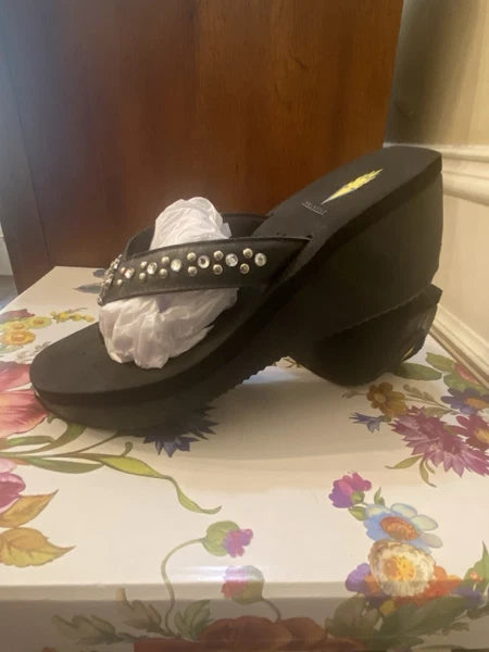 Volatile BLACKWomen's Wedge Flip Flop Style Sandals Cross Rhinestones & Studs 9M