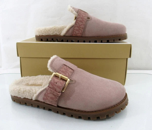 Michael Kors Judd Closed Toe Suede Lug Sole Slide MK Logo Fawn Light Pink Size 7