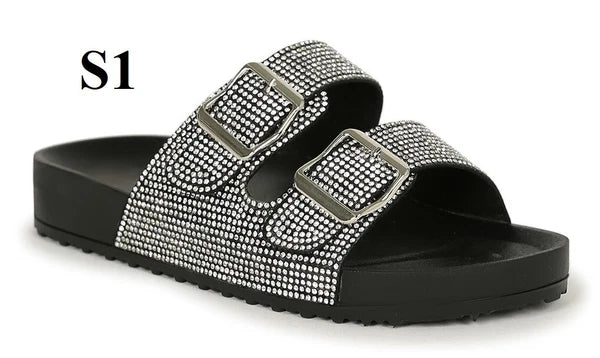 KARAUSA Fashion Bling Rhinestone 2 Buckles Sandal Slides, 2x$30, KARAUSA store