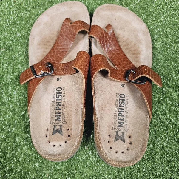 Mephisto Helen Brown Leather Toe Loop Flat Women Sandals Womens EU 38 US 8
