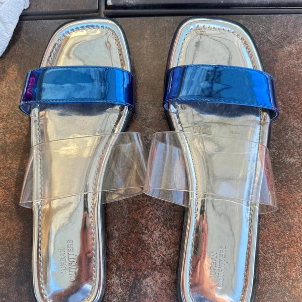Urban Outfitters Slides Sandals Clear Blue Straps Trendy Flats Size 7