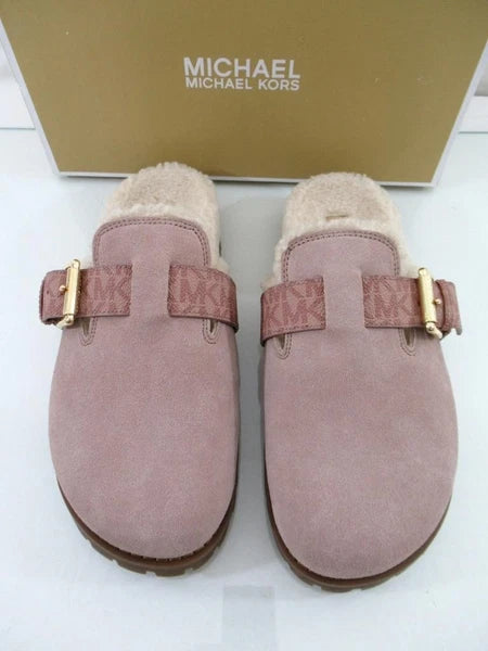 Michael Kors Judd Closed Toe Suede Lug Sole Slide MK Logo Fawn Light Pink Size 7