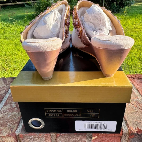 Joan Boyce Rosegold Jeweled Wedge Slides Size 7W Embellished Sandals New in Box