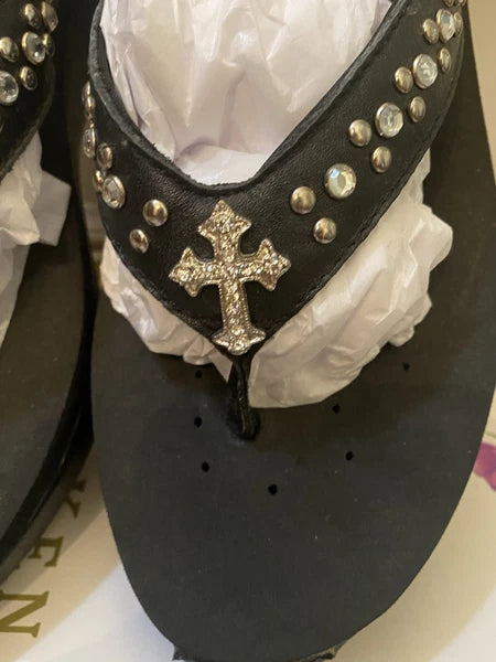 Volatile BLACKWomen's Wedge Flip Flop Style Sandals Cross Rhinestones & Studs 9M