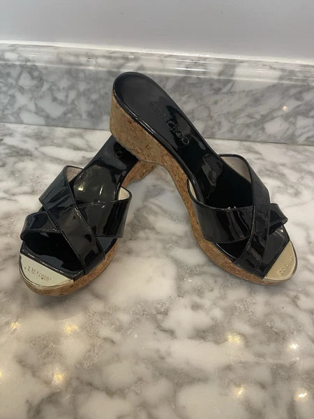 Jimmy Choo Black Patent Leather Pandra Sandal Cork Wedges, Gold Toe, Size 37/7