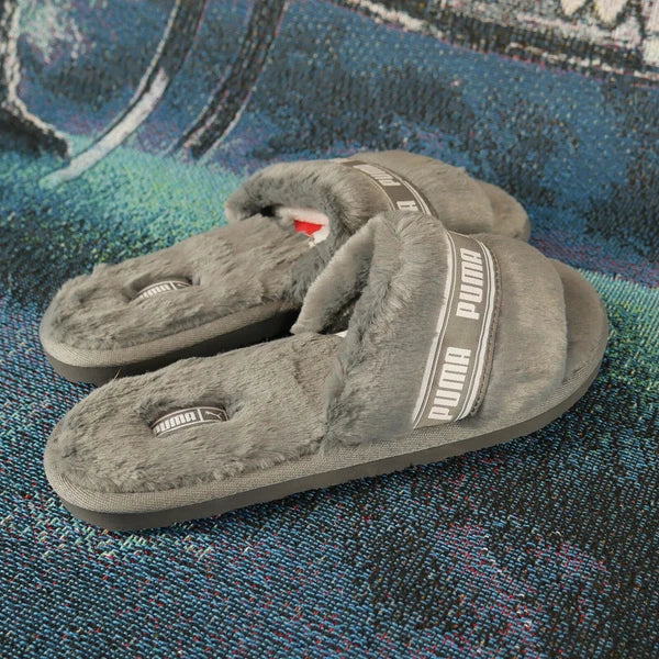 Women's Puma Fluff Faux Fur Flip Flops Gray Fashion Fenty
