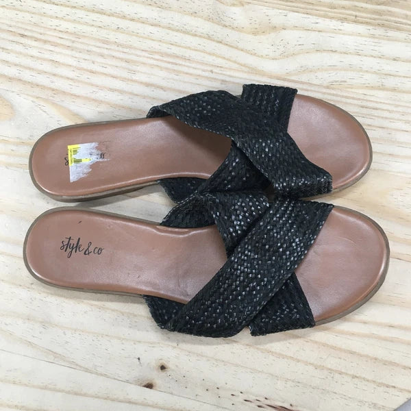 Style & Co. Sandals Womens 9.5 Shannonnp Slip On Slides Black Faux Leather NEW