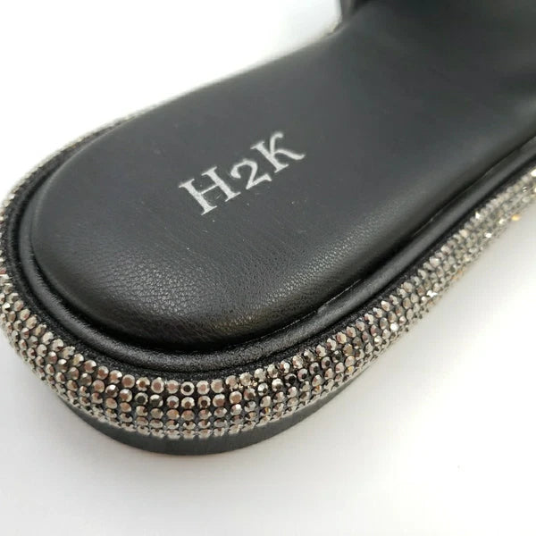 Womens Black Rhinestone Slides Open Toe Sandals Flip Flops Slipper Summer Shoes