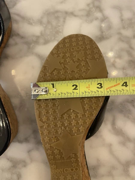 Jimmy Choo Black Patent Leather Pandra Sandal Cork Wedges, Gold Toe, Size 37/7