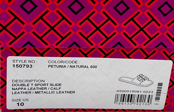 TORY BURCH DOUBLE T SPORT SLIDE SANDAL PATENT LEATHER PETUNIA/NATURAL SZ 10 NIB