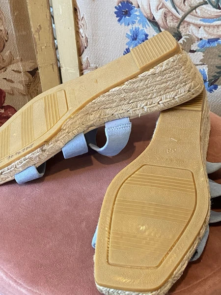 NEW Gaimo Baby Blue Suede Wedge Heels Slide On Strap Espadrille Sandals Sz 38