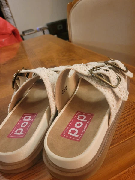 Ivory Macrame Style Slide Sandals By POP Sz 8.5. Exceptionally Clean!!