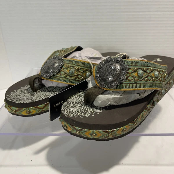 Montana West Green/Brown Embossed Studs Western Style Wedge Sandals Sz8-8.5