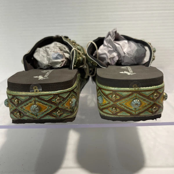 Montana West Green/Brown Embossed Studs Western Style Wedge Sandals Sz8-8.5