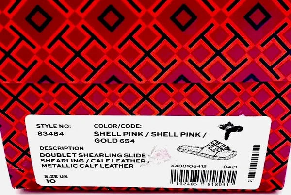 TORY BURCH SHEARLING SLIDE SANDAL SHELL PINK /GOLD TRIM DOUBLE LOGO SZ US 10 NIB