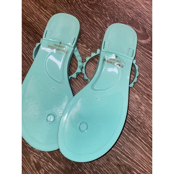New 6 Fashion Nova Mint Green Studded T-Strap Matte Slide Sandals Pastel Flats
