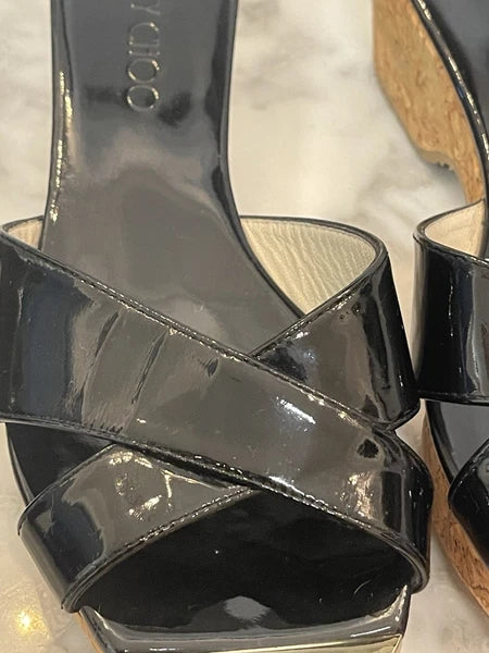 Jimmy Choo Black Patent Leather Pandra Sandal Cork Wedges, Gold Toe, Size 37/7
