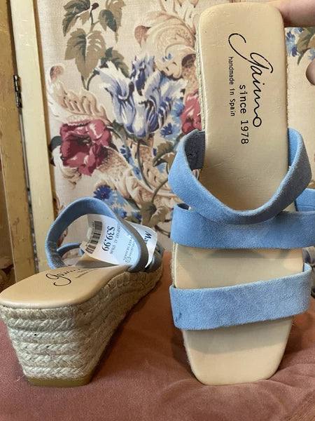 NEW Gaimo Baby Blue Suede Wedge Heels Slide On Strap Espadrille Sandals Sz 38